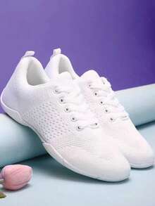 A Pair Of Women's Lightweight Gymnastics Training Shoes, White Low-Top, Elastic Band Style, Comfortable And Breathable, Athletic Shoes Suitable For Cheerleading, Fitness, Competitions, Aerobic Exercises, Yoga And Dance, Fashionable Flat White Sneakers, Shoes, Women's Shoes.