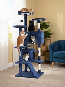 Cat Tree Tower For Indoor Cats, 53.9in Multi-Level Cat Furniture Activity Center, Kitty Play House With Sisal Scratching Post, Large Dual Condo, Climbing Ladder, Plush Toy For Kitten - Navy Blue - View 8