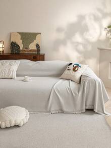 1 tấm chăn phủ ghế sofa tua rua bằng vải nhung màu trơn, thiết kế thủ công dệt chống trầy xước, thích hợp cho phòng khách, phòng ngủ, văn phòng, trang trí nhà mới, trang trí ghế sofa cũ, vỏ bọc ghế sofa 1-4 chỗ - Màu be - Xem 5