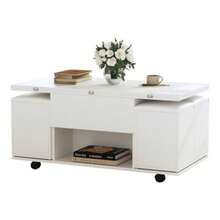 (Cambio de producto) Una mesa de centro multifuncional con tapa elevable: el escritorio se puede abrir en 2 mesas, blanco + blanco, gran capacidad, muebles de sala de estar modernos, oficina, mesa de comedor, mesa de ocio, mesa multifuncional - Blanco - Ver 3