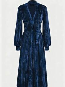 Plus Size Women's French Lace Trim Deep V-Neck Ruched Textured Velvet Christmas & New Year Party Dress - Blue - View 3