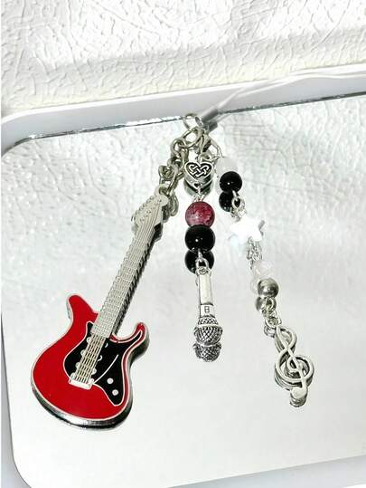1pc Handmade Guitar Note Beaded Keychain, Minimalist Girly Ins Style Phone Charm, Cute Accessory For Daily Use By Women