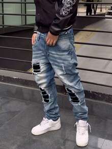 Distressed Cat Whisker Straight Leg Jeans, Versatile Frayed Hem Loose Wide Leg Pants, Casual Y2K Streetwear, Daily Wear, Cotton - Blue - View 6