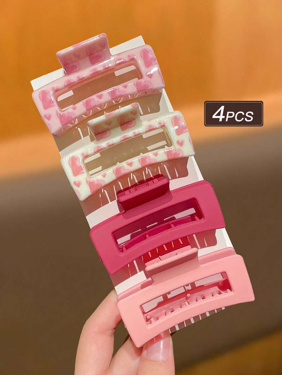 4件組女款粉色時尚優雅可愛心形髮夾套組，2.5英吋小號髮夾，適合日常休閒、學校及其他場合，女性髮飾理想選擇，完美冬季禮物