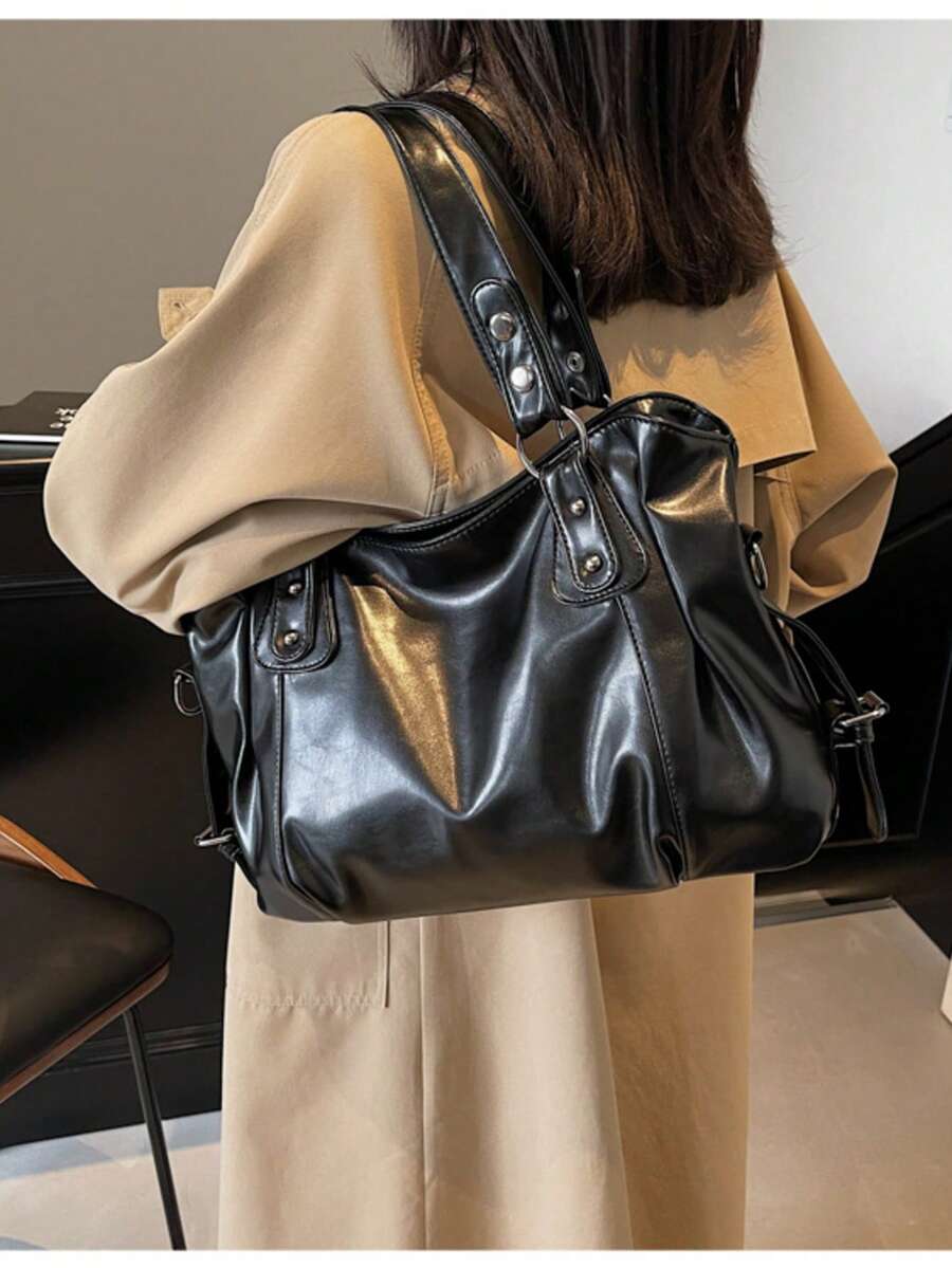 1pc Vintage Large Capacity Handbag, Vintage PU Messenger Shoulder Bag, Women Casual Tote Bag & Wallet, Bohemia Style Bag For Women, Tote Bags For School,College Essentials, Street & Japanese Bag For Women, New Fashionable Big Bags For Women, New Arrival Tote Bags For Woman , Vintage Bag , Y2k , Office - 黑色 - 查看 1