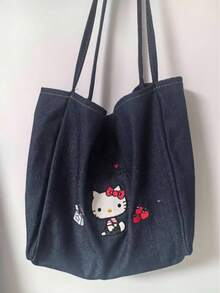 Sanrio 2025 New Women's Denim Handbag, Cute Cartoon Embroidered Shoulder Bag, Large Capacity Canvas Tote Bag, Lightweight Casual Commuter Bag, Adorable Gift Choice - Multicolor - View 11