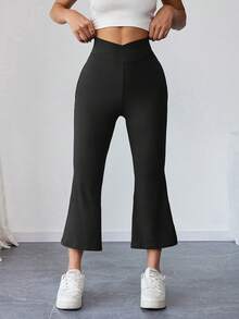 1 buc. Pantaloni de yoga strâmți pentru femei, talie înaltă, talie încrucișată, potriviți pentru fitness zilnic, alergare, plimbări în aer liber, casual, culoare uni, Capri, evazați