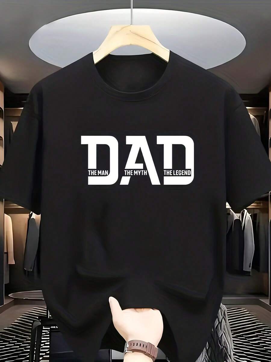 Crew Neck Short Sleeve T-Shirt| "DAD THE MAN THE MYTH THE LEGEND" Print, Casual Style, Slight Stretch Fabric, Ideal For Summer - Black - View 1