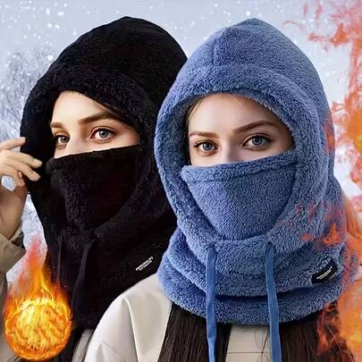 1 pieza Máscara facial de forro polar cálida de invierno - Diseño con cordón elástico, ligera y cálida, adecuada para ciclismo, esquí y otros deportes al aire libre, unicolor con capucha a prueba de viento y protección para las orejas, disponible en varios colores, equipo esencial de otoño/invierno, regalo de Navidad, San Valentín, Año Nuevo