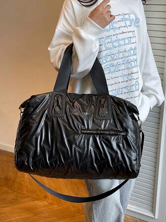 1pc Solid Color Polyester Tote Bag, Zipper Closure Large Capacity Travel Gym Bag, Fashionable And Simple Back To School For Travel Gym Bag For Camping Cruise Essentials For Hiking Back To School For Summer Travel Essentials Holiday Vacation Duffle Bag Luggage Suitcase Travel Bag For Women