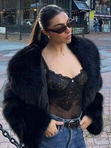 Women's Solid Color Faux Fur Jacket, Long Sleeve Warm Winter Coat, Fashion Lapel Loose Casual Jacket Black - 黑色 - 查看 5