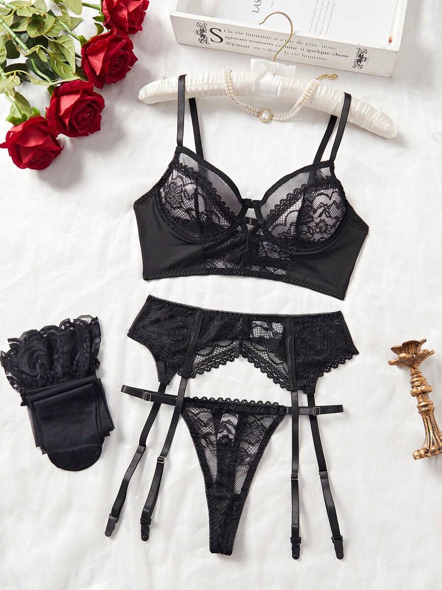 4-Piece Sexy Series Hollowed Out Straps Lace Bow Ladies Sexy Underwear Set,Christmas Lingerie,Christmas Lingerie Women,Lingerie For Women,Lencería Erótica De Mujer,Lingerie Set,Christmas Outfit Women,Lingerie For Women Roleplay,Lingerie For Women>Costume,Sexy Lingerie - 黑色 - 查看 1