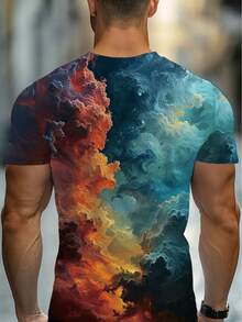Men'S Vintage 3D Galaxy Print T-Shirt - Stylish Cosmic Starry Sky Short Sleeve Crew Neck Tee With Vibrant Flame & Nebula Design, Black, Casual Regular Fit For Casual Attire - 彩色 - 查看 4