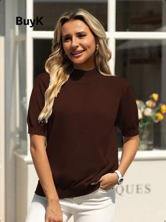  [Tops] BuyK Women's Elegant Turtleneck Short Sleeve Knit Sweater Top, Soft Fabric, Classic & Versatile, Suitable For Multiple Occasions