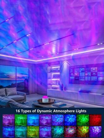 1pc Water Wave & Aurora Projection Lamp, Wave & Aurora Decorative Light, RGB 16-Color Remote Control Desk Atmosphere Lamp, Desk Decor Light, Room Atmosphere Night Light, Water Wave & Aurora Ceiling Projector, Water Wave & Aurora Bedroom Projector, USB Powered, Includes Dynamic Lighting Effects Photo Auxiliary Atmosphere Lamp