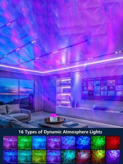 1pc Water Wave & Aurora Projection Lamp, Wave & Aurora Decorative Light, RGB 16-Color Remote Control Desk Atmosphere Lamp, Desk Decor Light, Room Atmosphere Night Light, Water Wave & Aurora Ceiling Projector, Water Wave & Aurora Bedroom Projector, USB Powered, Includes Dynamic Lighting Effects Photo Auxiliary Atmosphere Lamp
