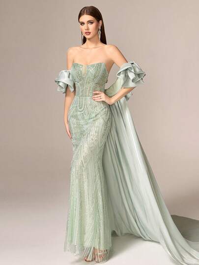 VIPGIRL Elegant Luxury Women's Strapless Long Evening Dress With Contrast Sequin And Mesh Details Sleeveless Formal Gown