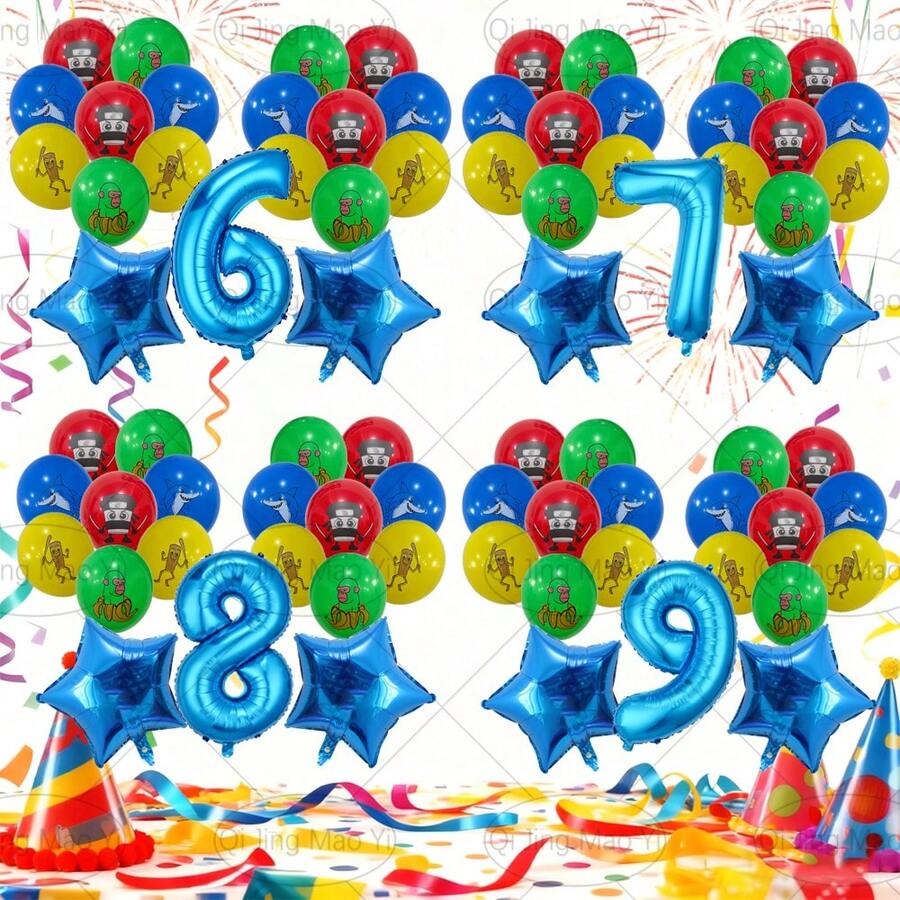 19件套意大利模制生物爱山海京乳胶蓝色星星数字套装，包括Tung Tung Tung Sahar、Tralalelo Tralala、Cappuccino Assassino、Shimpanzinni Bananini、18英寸蓝色星星、32英寸蓝色数字，适用于浴室装饰、生日派对装饰、卡通人物装饰、室内装饰、摄影道具，也是送给儿子/女儿的惊喜礼物。 - 藍色 - 查看 1