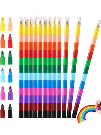 Paquete de 6 lápices de colores apilables - Juego de lápices de colores lavables y entrelazables - Suministros de arte creativos DIY para el aula, regalos de fiesta de cumpleaños, manualidades escolares, decoración de escritorio de oficina, actividades de viaje - Perfecto como regalo de lápices de colores arcoíris para estudiantes, maestros - Apilamiento educativo y divertido para dibujar, libros para colorear, educación en el hogar, proyectos de arte, campamento de verano