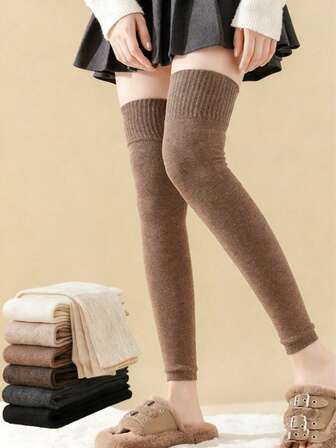 Calentadores de pierna hasta el muslo para mujeres, unicolor con forro térmico, extra largos para la rodilla, para mantener el calor y proteger las articulaciones, otoño/invierno