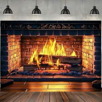A Christmas Fireplace Backdrop Featuring A Giant Red Brick Fireplace With A Blazing Fire, Perfect For Festive Wall Decorations In Homes, Kitchens, Weddings, Parties, Tailgate Events, And Various Other Settings.