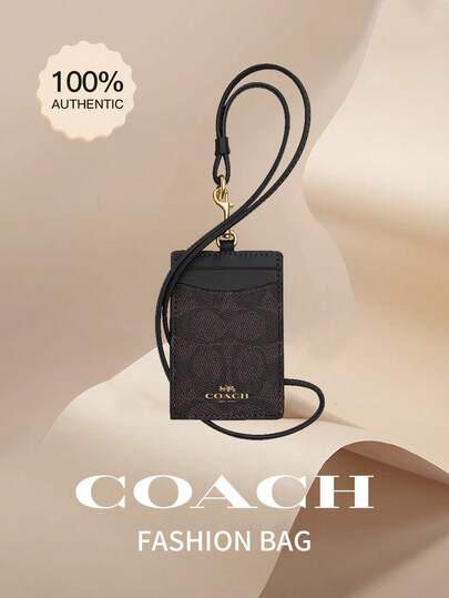 Coach Women's Vertical ID Badge Card Holder Leather Credit Card Holder For Women With Clear ID Window Ladies' Two Credit Card Slots Badge Holder With Neck Lanyard Strap,CZ285 IMXAQ