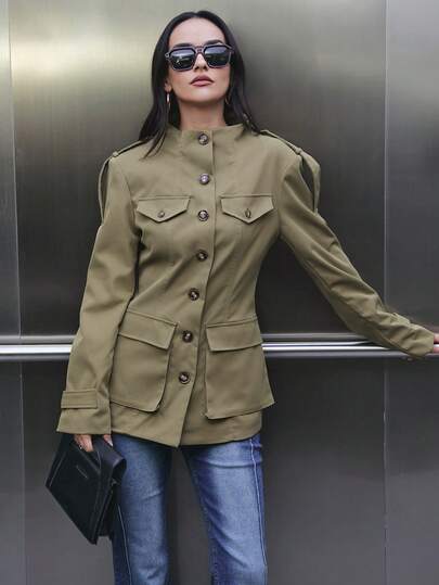 Herfstoutfits Trenchcoats voor vrouwen Khaki Bomberjack Casual Lange Winteroutfits Dames Herfstoutfits Knoop Lange Mouwen Streetwear Buitenkleding