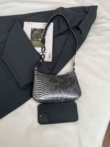 1 pezzo Borsa baguette in PU con motivo a pelle di serpente vintage nera, borsa a spalla/sottobraccia da donna, nuovo arrivo invernale