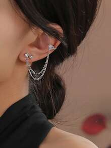 Nooxian 2件套优雅甜美心形立方氧化锆铜质夹式耳环和耳钉，独特心形铜耳环首饰，女士礼物 - 銀色 - 查看 6