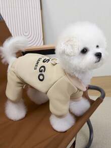 LET'S GO Letter Fleece Pet Sweatshirt With Four Legs, Warm Dog Cat Clothes In Pink/Grey/Beige, Crew Neck Pullover With D-Ring Traction, Elastic Cuffs, All Seasons Apparel For Small & Medium Breeds (Teddy/Bichon/Chihuahua) & Cats - Multicolor - View 11