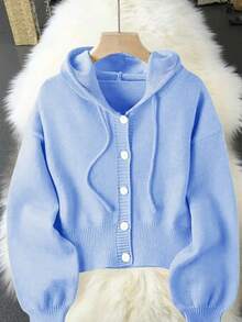 Front Button Casual Solid Color Long Sleeve Hooded Knit Cardigan - Blue - View 2