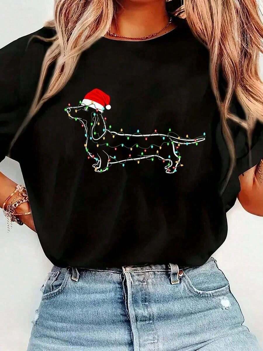 Dachshund Lights Santa Hat Xmas Dog Lover-Shirt Women's Round Neck Short Sleeve-Shirt Fashion Graphic Tees Women Top - 黑色 - 查看 1