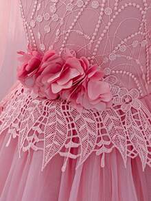 Girls Long Tulle Princess Dress With Floral Lace Waist Sash, Bowknot Backless Coral Pink Prom Gown For 3-12 Years Old, Suitable For Holiday, Special Occasion, Birthday Party, Pageant - Coral Pink - View 6