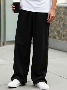 1件青少年男童休闲百搭舒适时尚运动裤，松紧腰直筒宽松版型，保暖内里，适合春、夏、秋、冬四季穿着。 - 黑色 - 查看 6