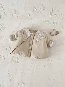 Baby Girl Thick Warm Fleece Jacket With Hollow Ruffle Collar, Casual Apricot Color, Winter - Apricot - View 9