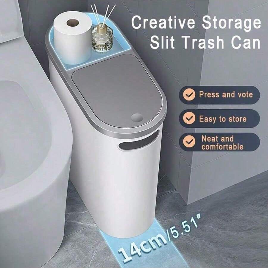 2.64 Gallon Lid Trash Can, Narrow Space-Saving Small Kitchen And Bathroom Wastebasket, Odor-Resistant, Durable Plastic, Polished Finish, Suitable For Offices, Bedrooms, Laundry Rooms - White - 一 - 查看 1
