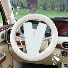Soft Plush Car Interior Accessory Set, Steering Wheel Cover + Seat Belt Shoulder Pads, Fluffy Car Accessories - one-size - View 19