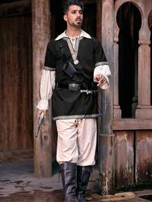 Men's Scottish Mercenary Costume Tunic Medieval Knight Warrior Style LARP Renaissance Halloween Top - 黑色 - 查看 2
