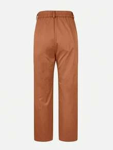 Jessefine 纯色无腰纽扣拉链口袋西装面料直筒裤，通勤优雅办公日常休闲百搭，春夏款 - 棕色 - 查看 6