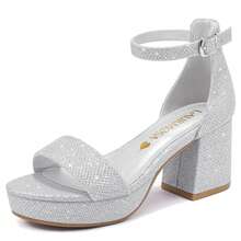 High Heels For Kids Sandals Big Girls Dress Shoes Flower Girl Shoes For Wedding Party Pageant Round Open Toe Ankle Strap Dress Sandals Platform Heels Chunky Pumps For Little Big Kids - 網格銀色 - 查看 4