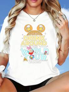 Drink Around The World Tour 2025  And  Beer Mug Design T Shirt For Women Unisex Casual Top Summer OutfitDisney Fun Print, Merry Christmas, New Year, Christmas Party Dress, Women's Round Neck T-Shirt, 220g - 白色 - 查看 1