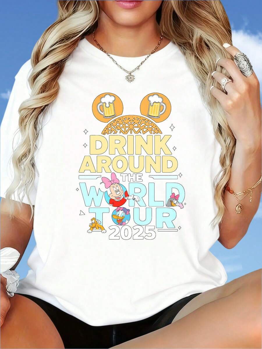 Drink Around The World Tour 2025 And Beer Mug Design T Shirt For Women Unisex Casual Top Summer OutfitDisney Fun Print, Merry Christmas, New Year, Christmas Party Dress, Women's Round Neck T-Shirt, 220g - 白色 - 查看 1