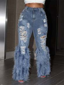 Valentine's Day, Date Night Outfit, Gifts For Her Women's Ripped Jeans, Feathers And Pearls Embellished Skinny Taper Mid Waist Pencil Jeans, Luxurious And Stylish Style, Denim Fabric - 藍色 - 查看 1