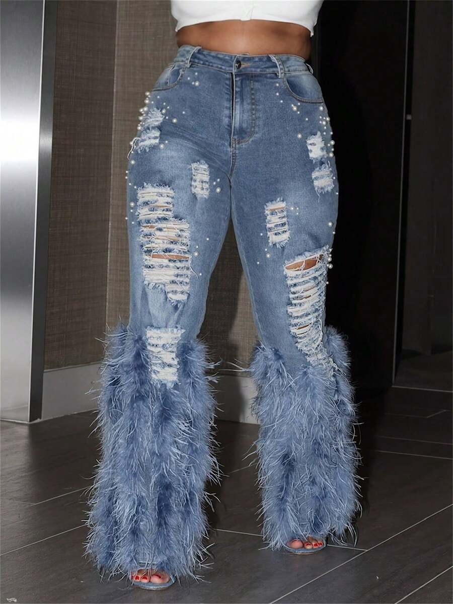 Valentine's Day, Date Night Outfit, Gifts For Her Women's Ripped Jeans, Feathers And Pearls Embellished Skinny Taper Mid Waist Pencil Jeans, Luxurious And Stylish Style, Denim Fabric - 藍色 - 查看 1