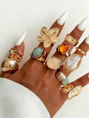 Set de 11 anillos de mujer de aleación con piedras preciosas falsas, elegante y exagerado conjunto de anillos ajustables de múltiples piezas para fiesta, boda, uso diario, regalo de joyería de moda