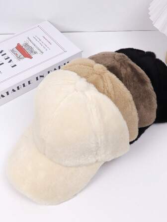 1pc Solid Color Casual Polyester Fleece Warm Windproof Adjustable Baseball Cap, Thick Warm Hat For Outdoor Winter