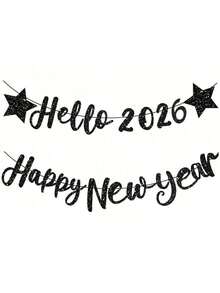 新年快乐横幅 2026 黑色闪光你好 2026 和新年快乐标志除夕横幅新年快乐装饰 2026 除夕派对用品 - 黑金 - 查看 9