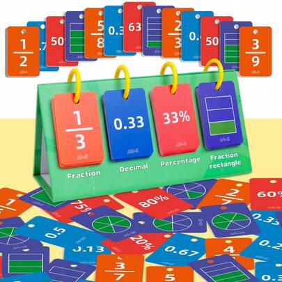 Fraction Decimal Percentage Flashcards Set, Math Learning Cards With Visual Aids, Educational Tool For Kids To Learn Equivalents In Fractions, Decimals, Percentages