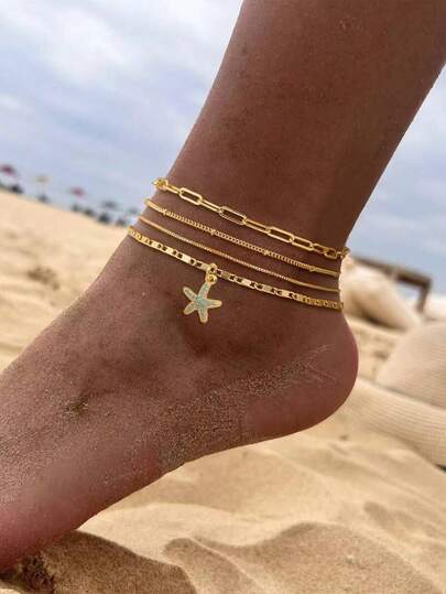 Tkool 4pcs/Set Women Anklet Set, Bohemian Summer Beach Resort Stacking Style, Copper Inlaid Blue Zirconia Starfish, Golden Plated Round Bead Chain, Paperclip Chain, Flat Piece Chain, Multi-Layer Anklet Set, Ocean Series Anklet Accessories, Gift