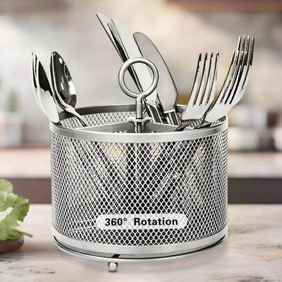 WSXC Metal Utensil Holder Silverware Cutlery Caddy For Kitchen Countertop Rotating 3 Compartment Flatware Organizer Spoon Fork Storage For Cooking Outdoor Party Picnic Buffet Camping Silver
